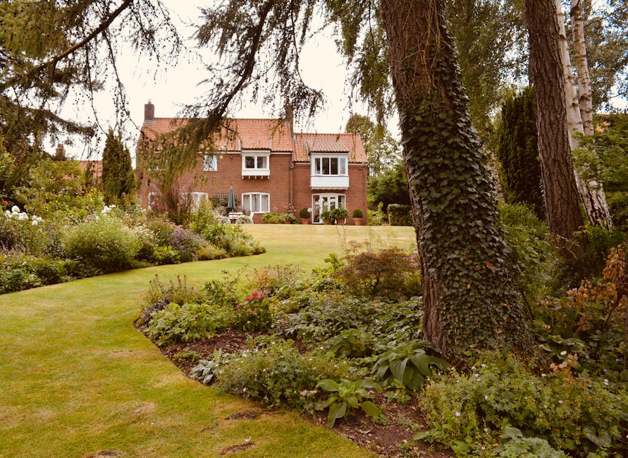 A well-maintained garden featuring a lush, green lawn bordered by flower beds with a variety of flowering plants and shrubs. In the foreground, two large trees with textured bark and sprawling branches are visible, one of which is covered in climbing ivy. The garden beds are filled with a mix of leafy plants and small flowering species, creating a vibrant and diverse landscape. In the background, a red-brick house with white-framed windows and a tiled roof is partially visible behind the trees and foliage. The scene is illuminated by natural daylight, highlighting the textures of the grass, leaves, and soil, with a clear atmosphere suitable for outdoor garden maintenance and landscaping work undertaken by Gardeners Finchley.